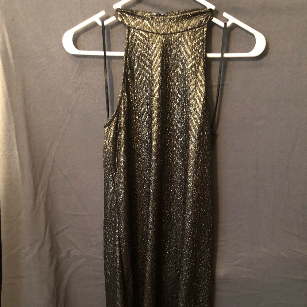 Gold high neck mini dress. 14